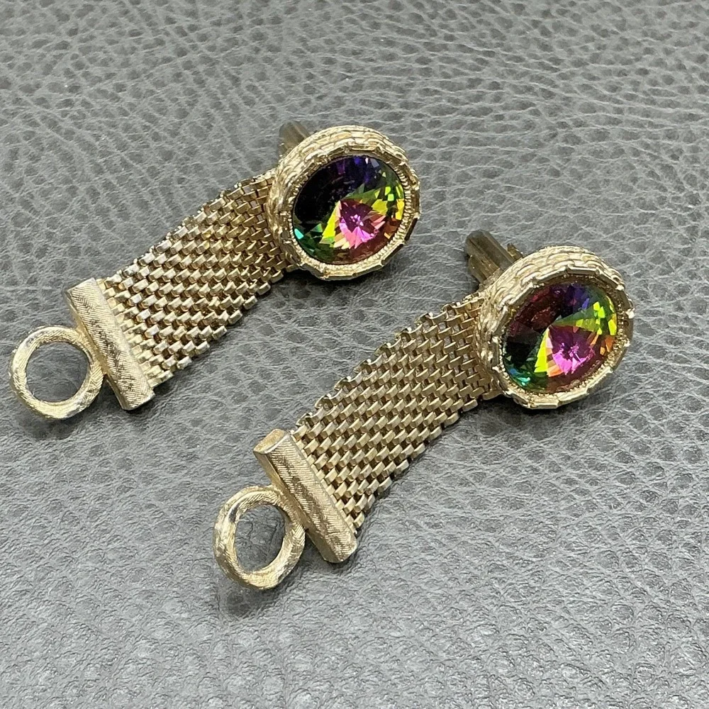 Vintage Dante Cufflinks Mens Gold Tone Mesh Multicolor Glass Round Retro Jewelry